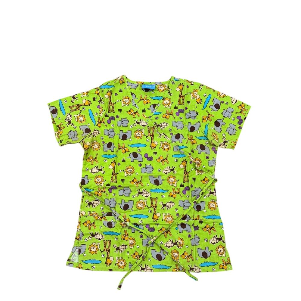The Scrub Co Womens Small S Green Yellow Novelty Printed Scrub Top Shirt